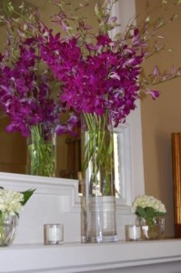 deconstructed cluster of purple dendrobiums and green hydrangea