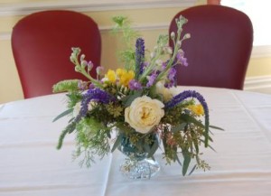 small arrangement using veronica, garden roses, stock, and eucalyptus