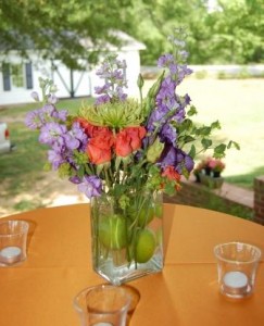 vivid arrangement of orange, purples, and greens